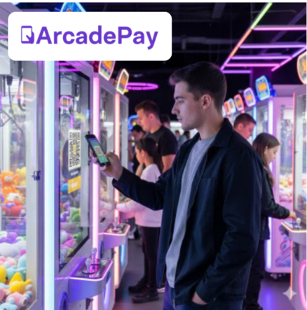 Customer using ArcadePay cashless payment at an arcade machine