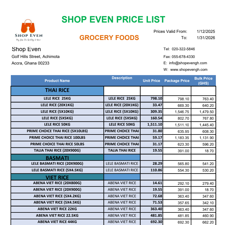 Shop Even groceries price list