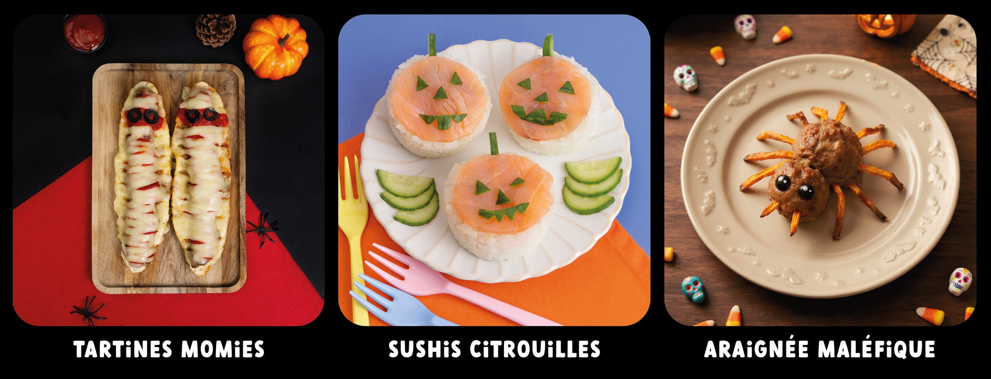 Tartines momies, sushis citrouilles, araignée maléfique